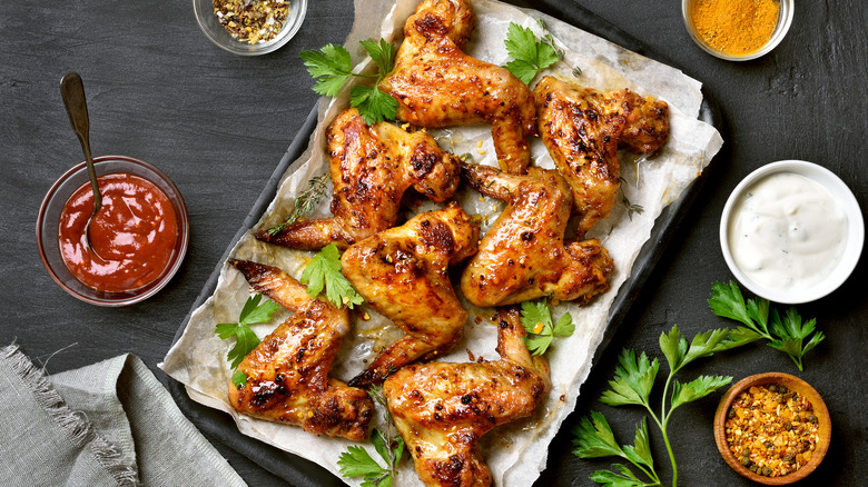 Grilled,Chicken,Wings,On,Baking,Tray,Over,Dark,Background.,Top